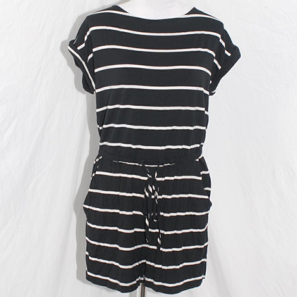 Romper with Pockets Drawstring Waist Rae Mode Womens Medium Black White Stripes